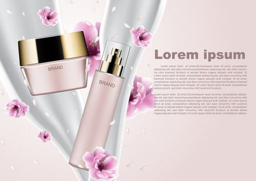點擊來源直接獲取大圖文件 粉色化妝品廣告模板,帶有倒牛奶和飄落花瓣的粉色化妝品 模板 3d質感矢量日化商品主圖banner模板